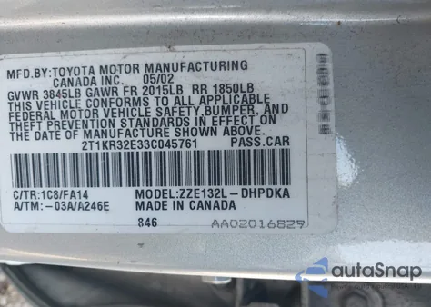 2003 Toyota Matrix Standard z USA, uszkodzony, nr VIN 2T1KR32E33C045761